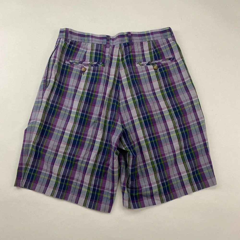 VTG Greg Norman Purple Blue Multicolor Plaid Pleated‎ Shorts Size 34 100% Cotton